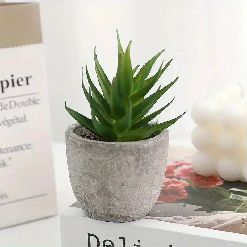 10pcs Mini Artificial Succulent Set - Modern Plastic Faux Plants in Gray Concrete Pots for Home Decor, Garden, Fish Tank, and Bonsai Decoration