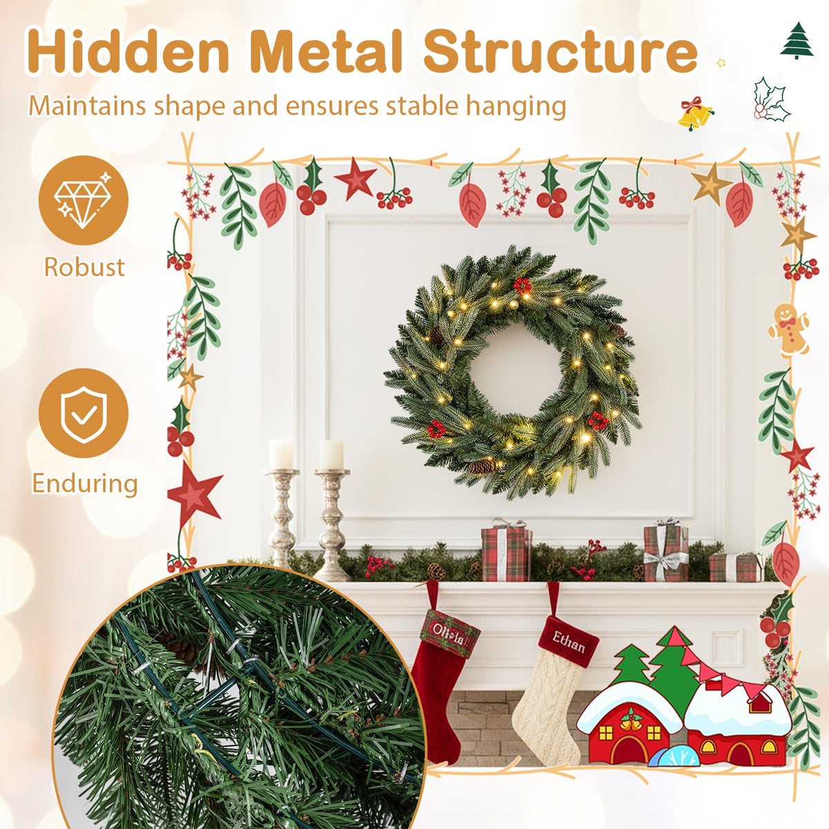Faux Pre-Lit Christmas Wreath, 24" – 90 Frosted Branch Tips