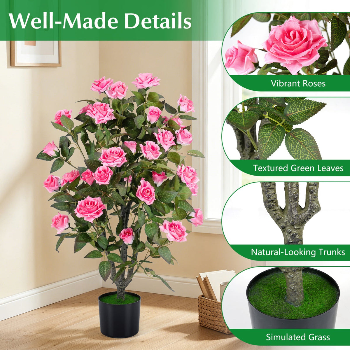 Faux Rose Tree, 35.5" – Potted, Blooming Roses