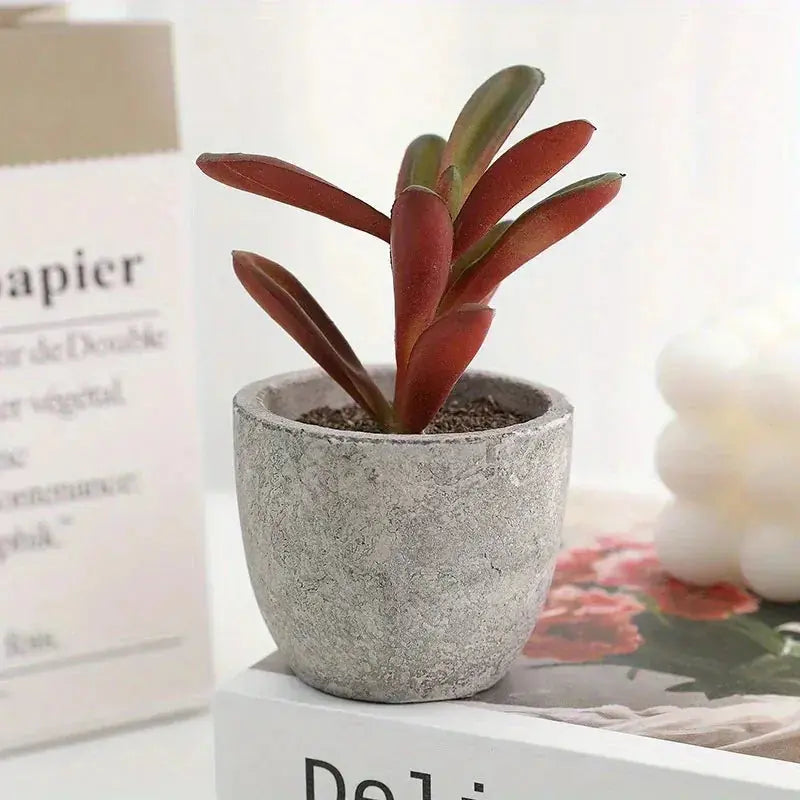 10pcs Mini Artificial Succulent Set - Modern Plastic Faux Plants in Gray Concrete Pots for Home Decor, Garden, Fish Tank, and Bonsai Decoration