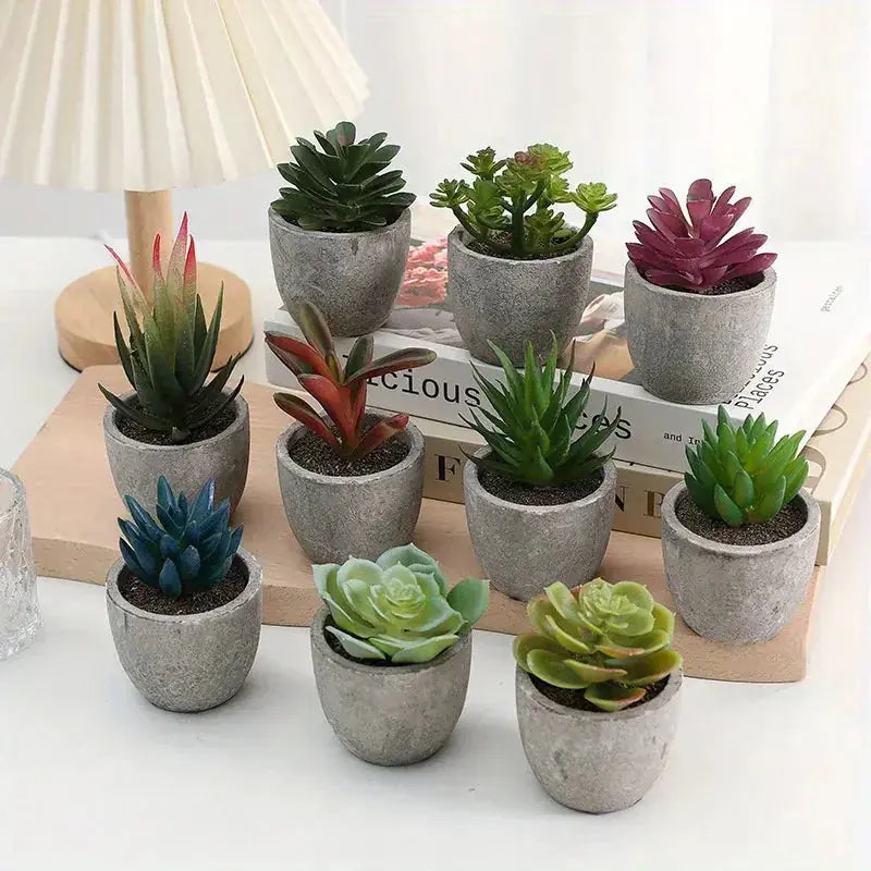 10pcs Mini Artificial Succulent Set - Modern Plastic Faux Plants in Gray Concrete Pots for Home Decor, Garden, Fish Tank, and Bonsai Decoration