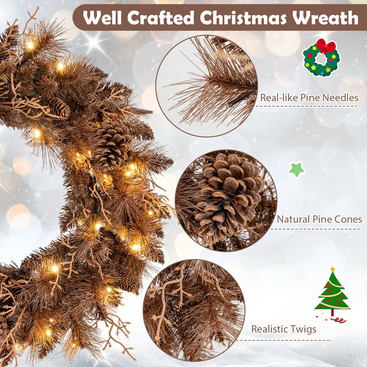 Faux Pre-Lit Christmas Wreath, 24" – 35 Warm White LED Lights