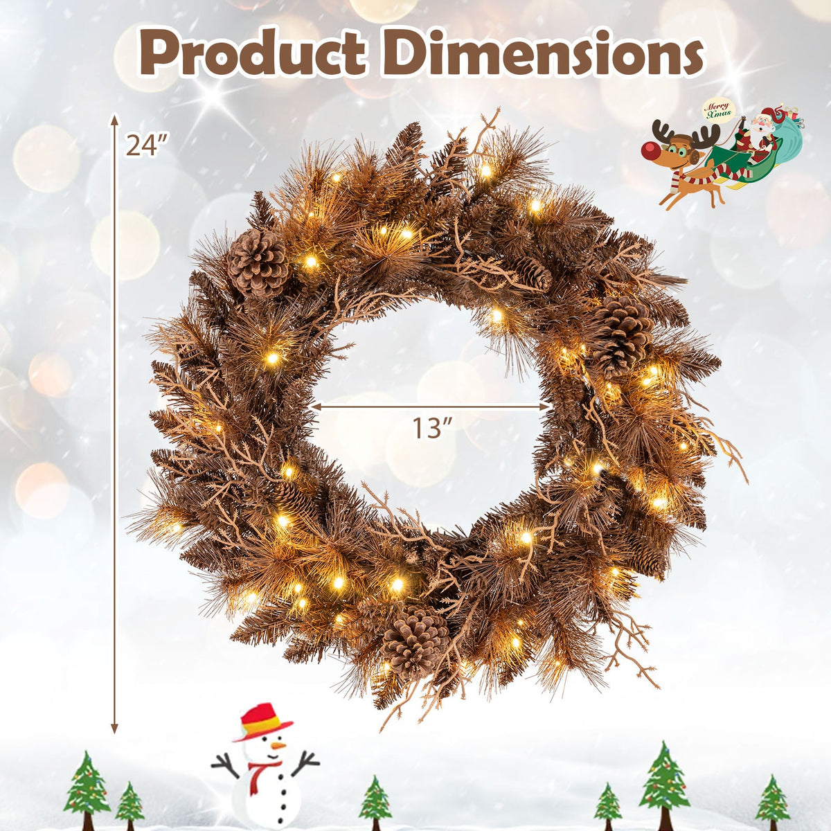 Faux Pre-Lit Christmas Wreath, 24" – 35 Warm White LED Lights