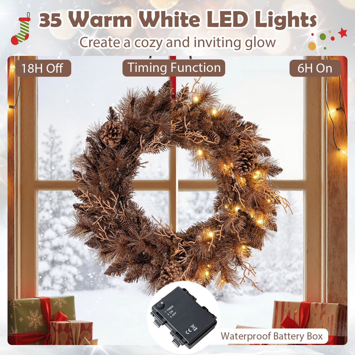 Faux Pre-Lit Christmas Wreath, 24" – 35 Warm White LED Lights