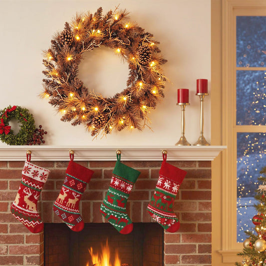 Faux Pre-Lit Christmas Wreath, 24" – 35 Warm White LED Lights