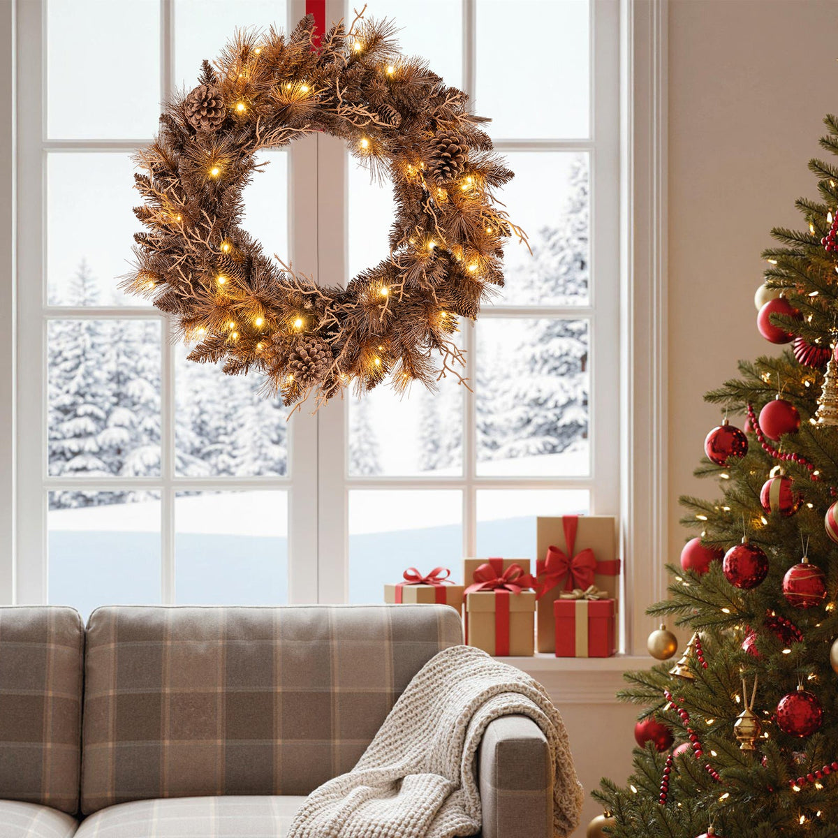 Faux Pre-Lit Christmas Wreath, 24" – 35 Warm White LED Lights