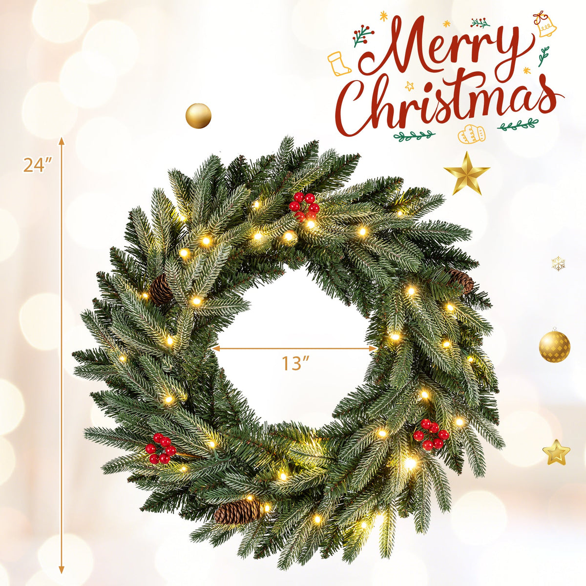 Faux Pre-Lit Christmas Wreath, 24" – 90 Frosted Branch Tips