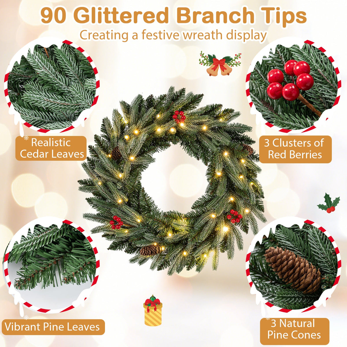 Faux Pre-Lit Christmas Wreath, 24" – 90 Frosted Branch Tips