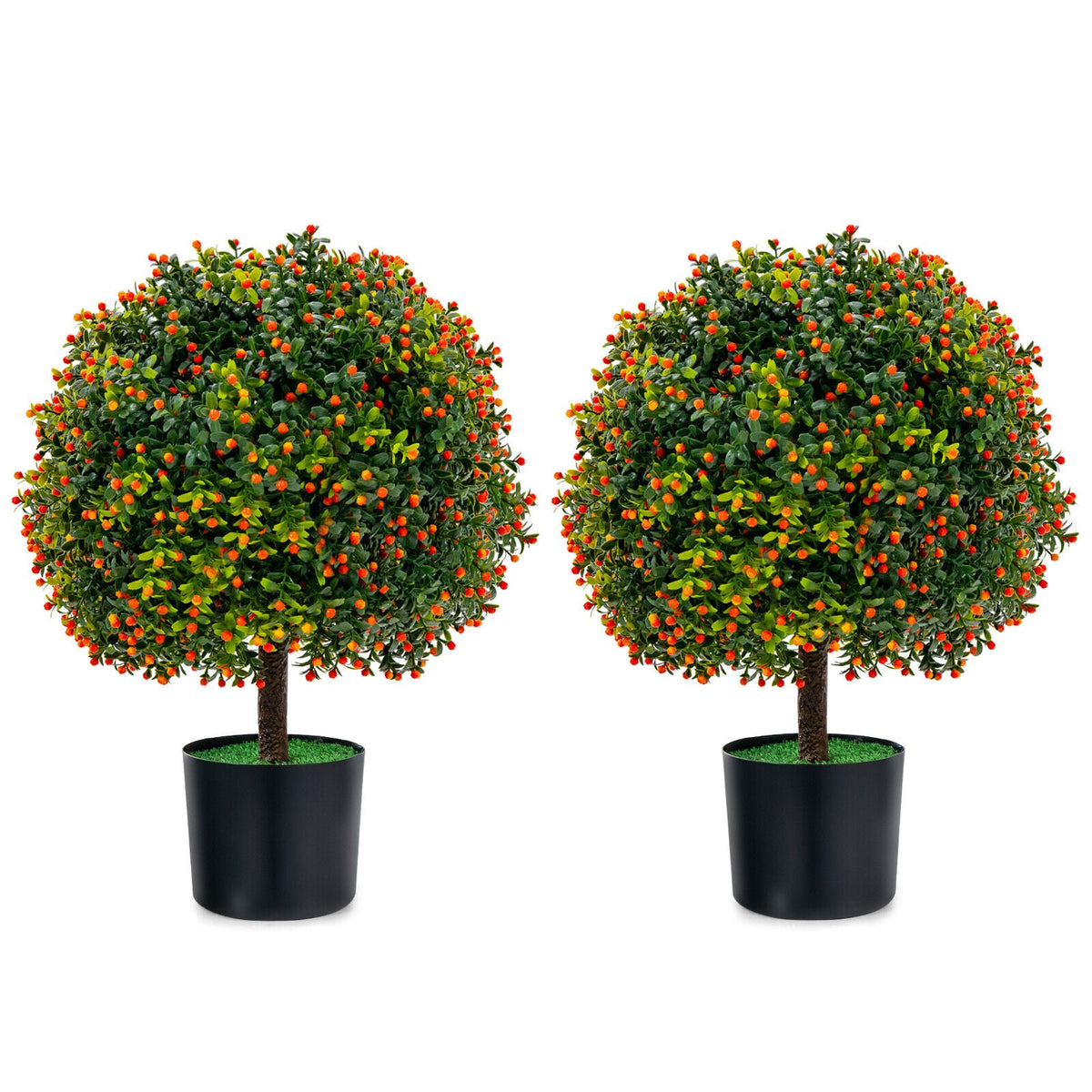 Faux Boxwood Topiary Trees – Set of 2, Orange Fruit