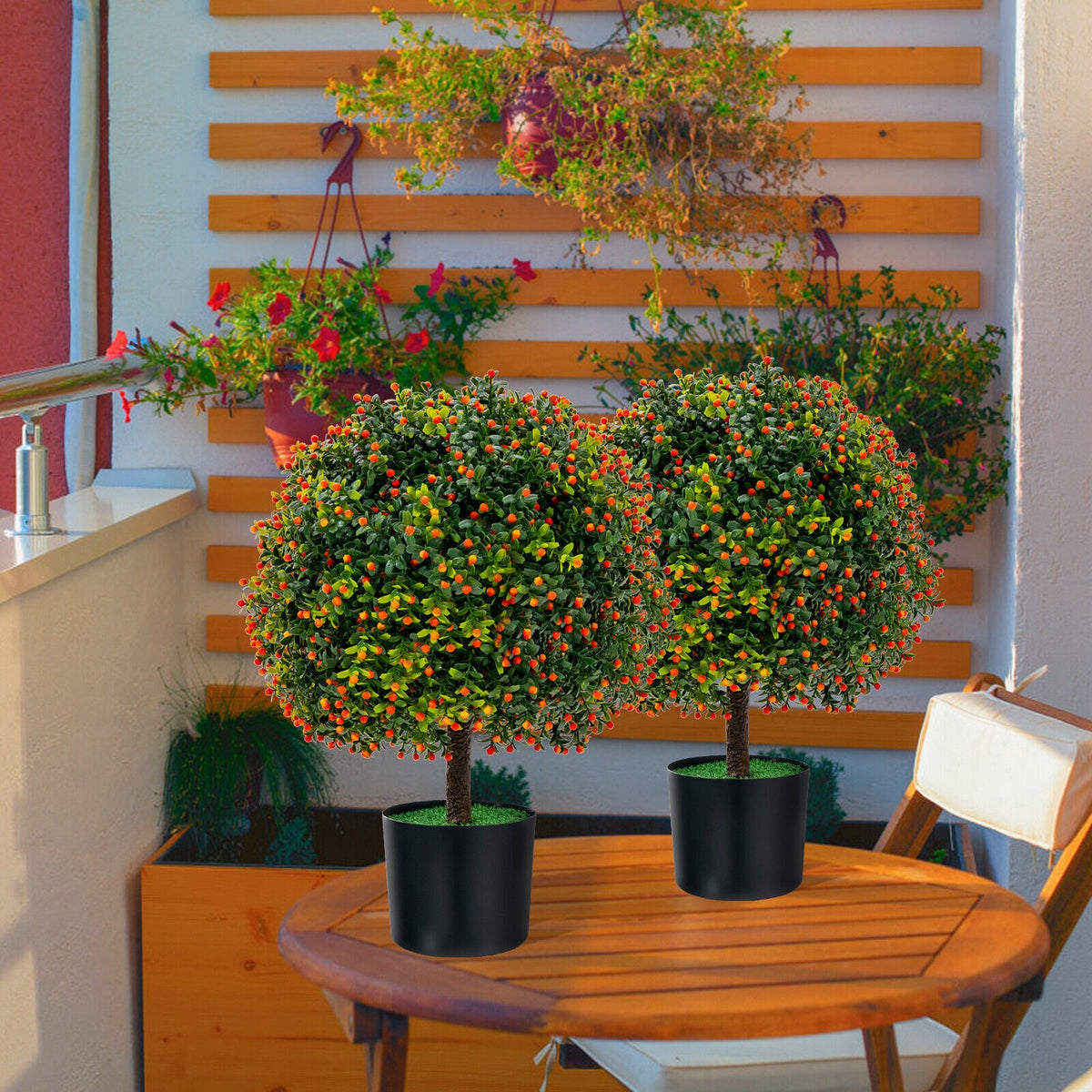 Faux Boxwood Topiary Trees – Set of 2, Orange Fruit