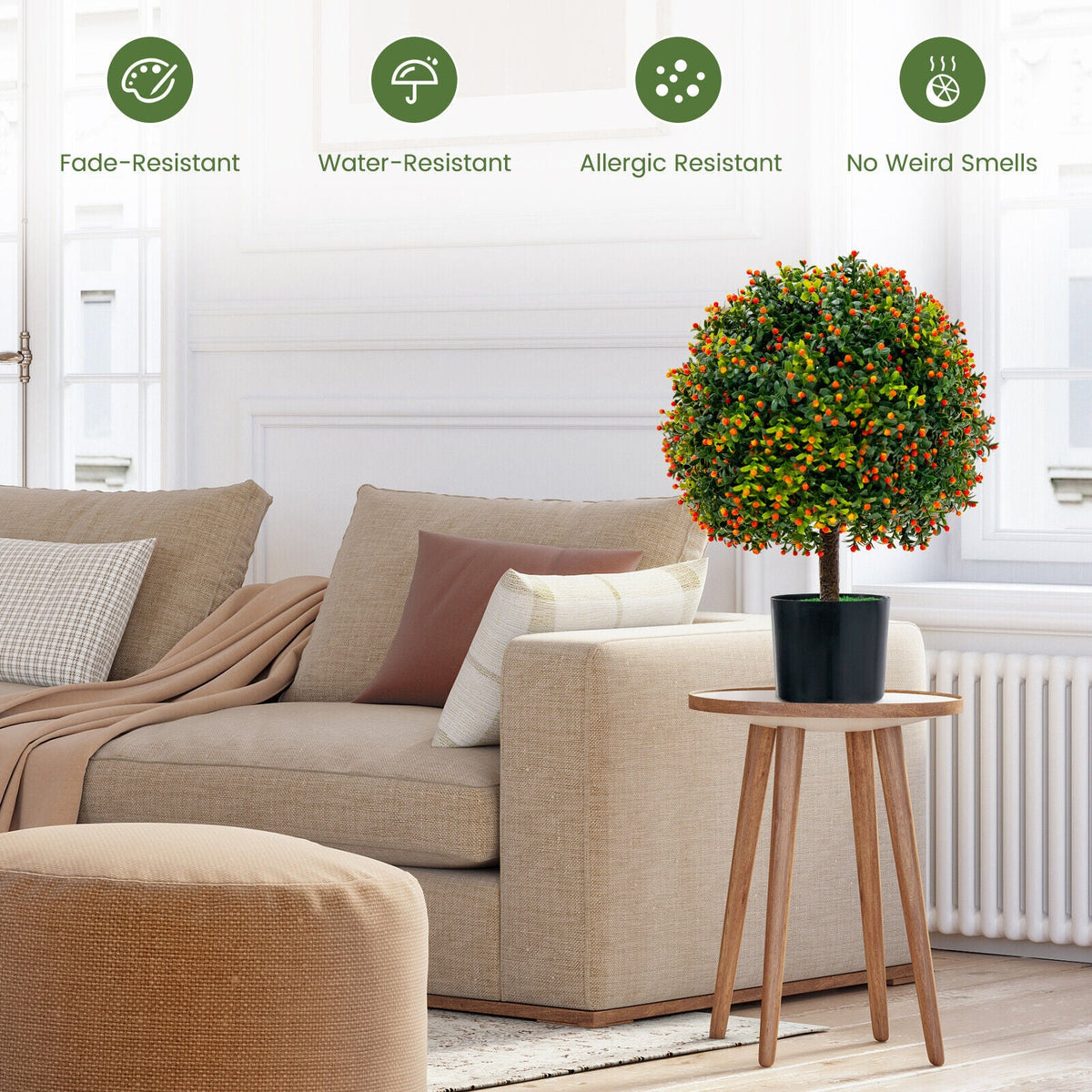 Faux Boxwood Topiary Trees – Set of 2, Orange Fruit