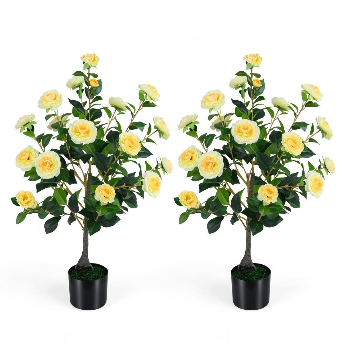2-Pack Artificial Camellia Tree Faux Flower Plant in Cement-Filled Pot