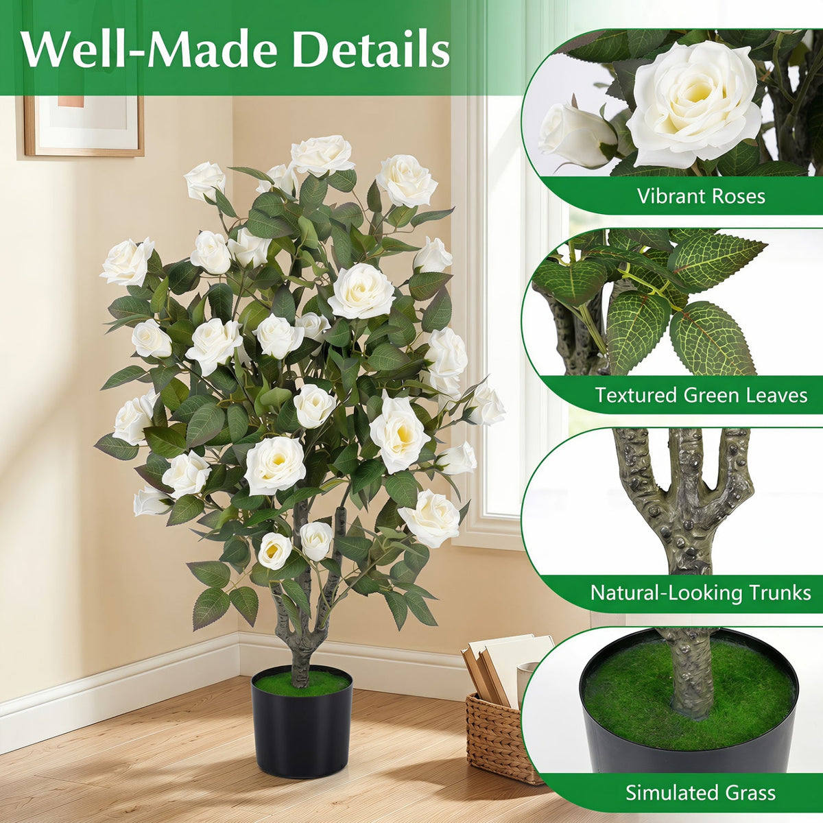 Faux Rose Tree, 35.5" – Potted, Blooming Roses