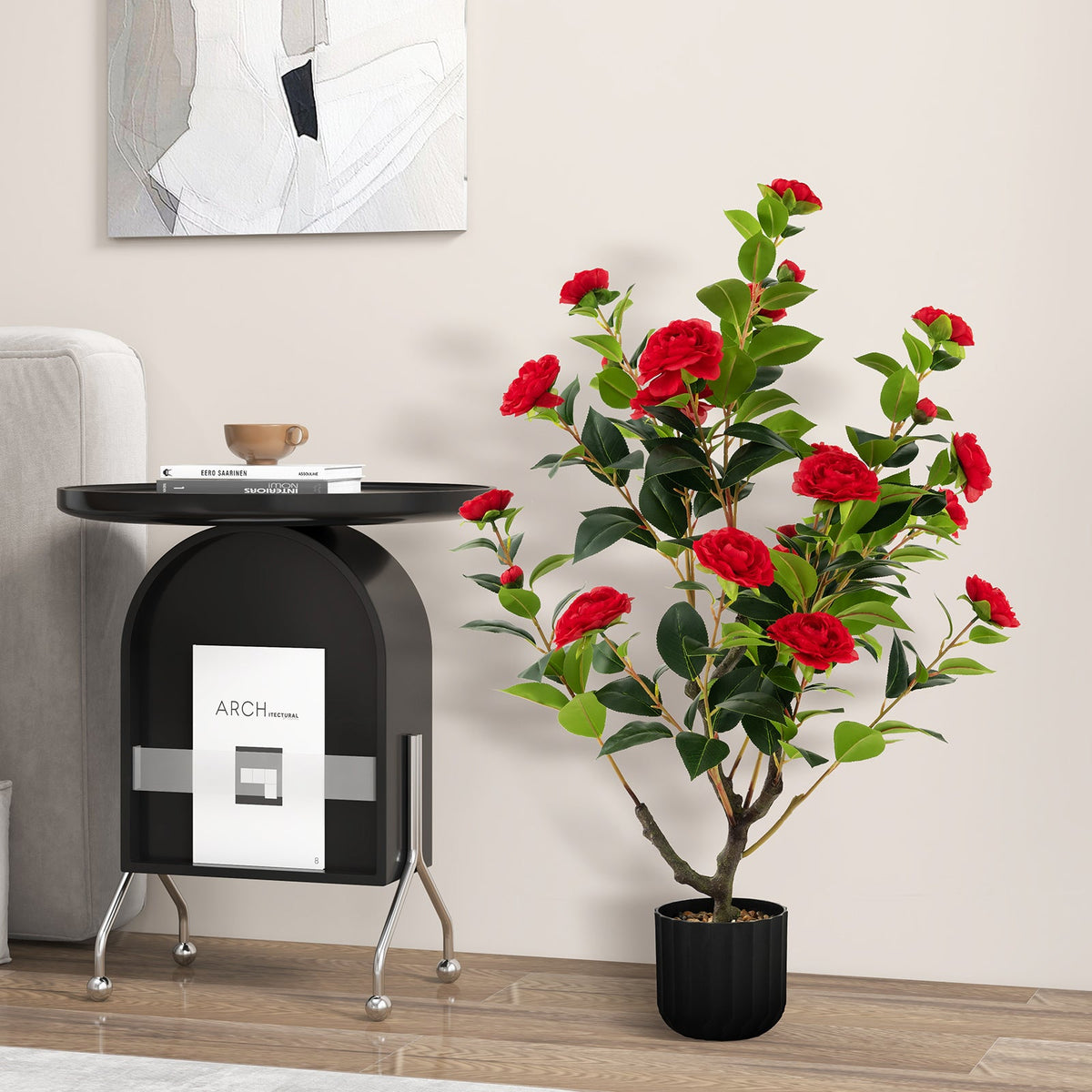 Faux Camellia Trees, 38" – Cement Pot Set of 2"