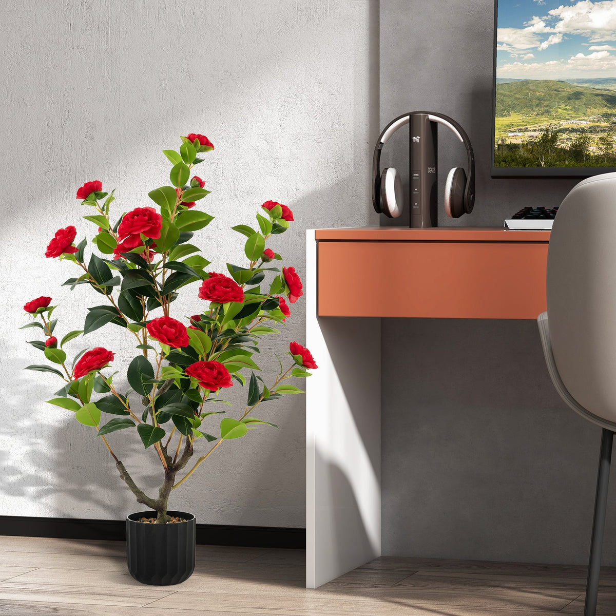 Faux Camellia Trees, 38" – Cement Pot Set of 2"