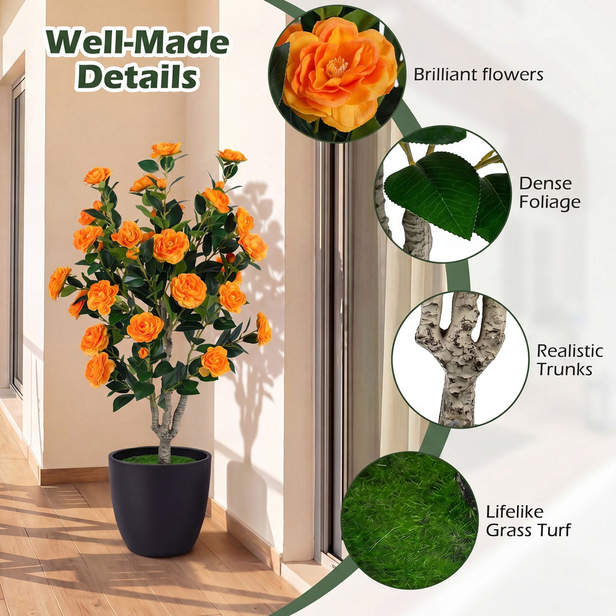Faux Camellia Tree, 39.5" – Cement Pot