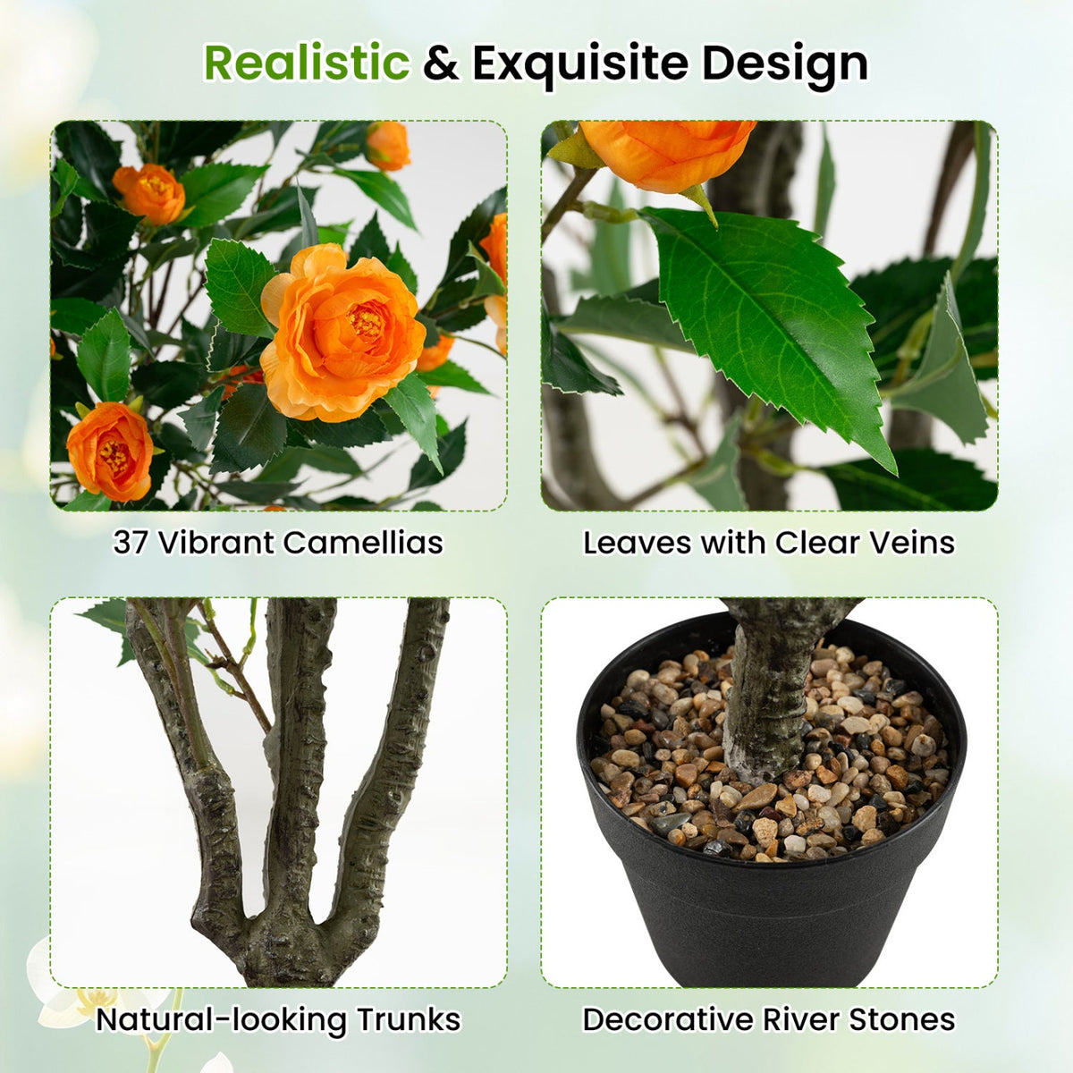 Faux Camellia Tree, 40" – Potted with River Stones