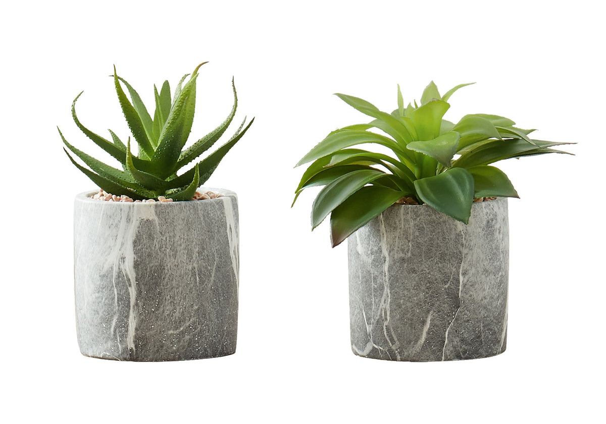 6" Tall, Artificial Plant, Succulent, Indoor, Faux, Fake, Table, Greenery, Potted, Decorative (Set of 2) - Green