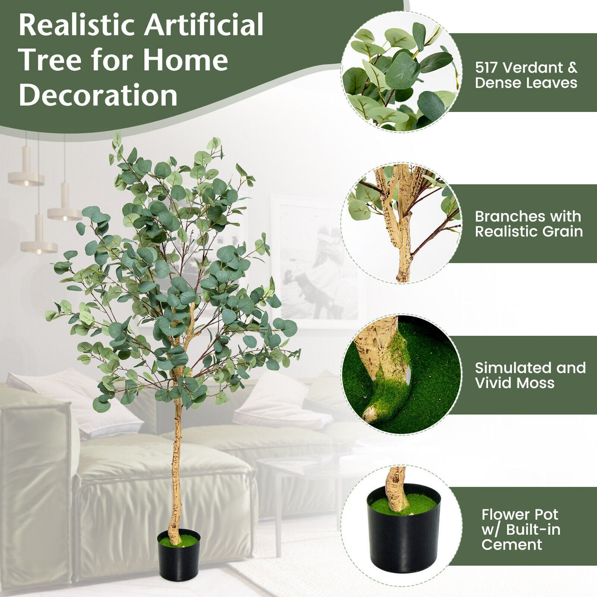 Faux Eucalyptus Tree, 5.5 FT – Silver Dollar Leaves