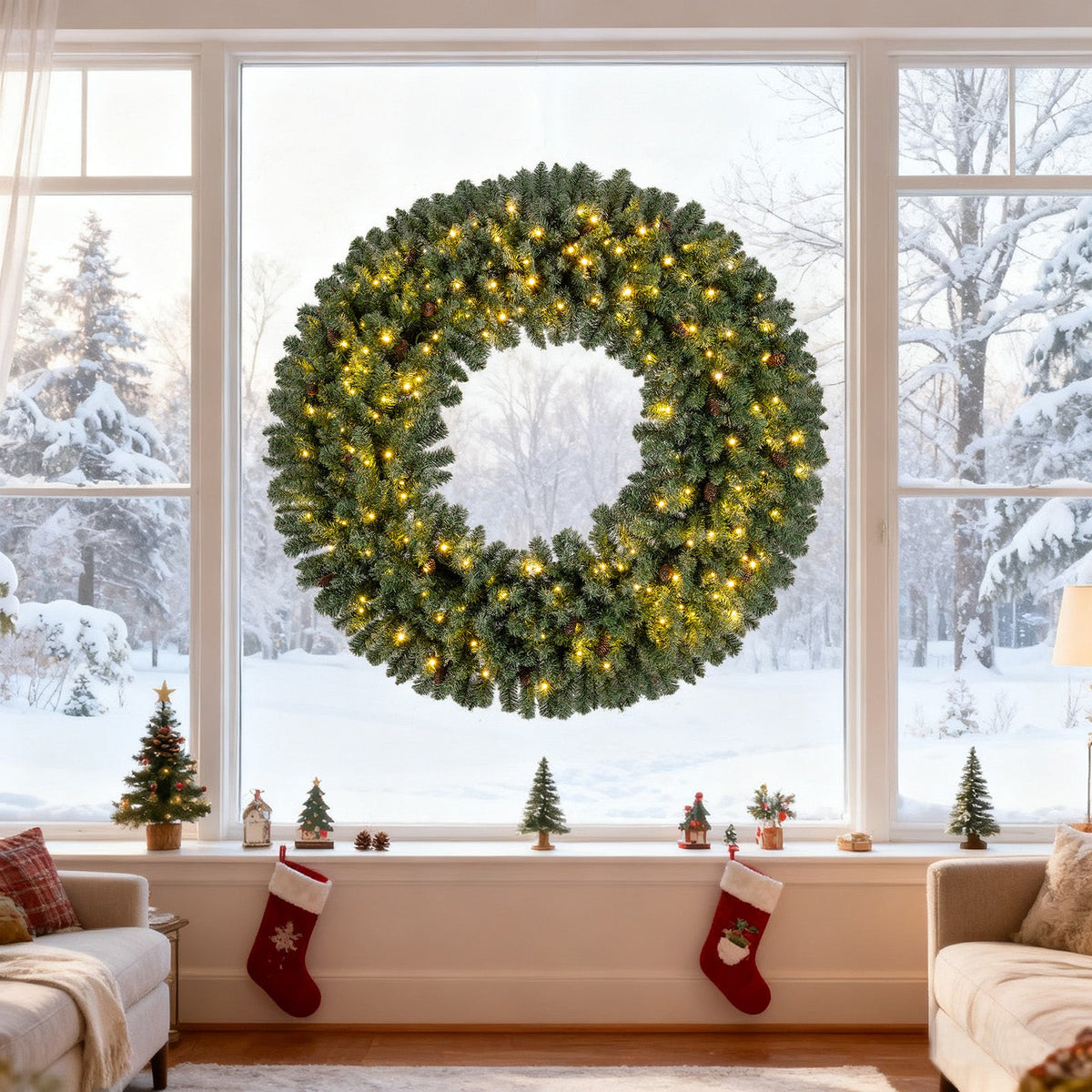 Faux Pre-Lit Christmas Wreath, 60" – 200 Warm White LED Lights