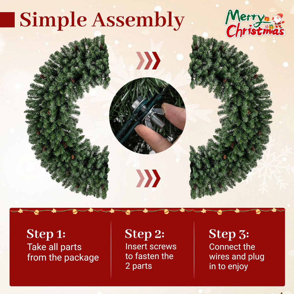Faux Pre-Lit Christmas Wreath, 60" – 200 Warm White LED Lights