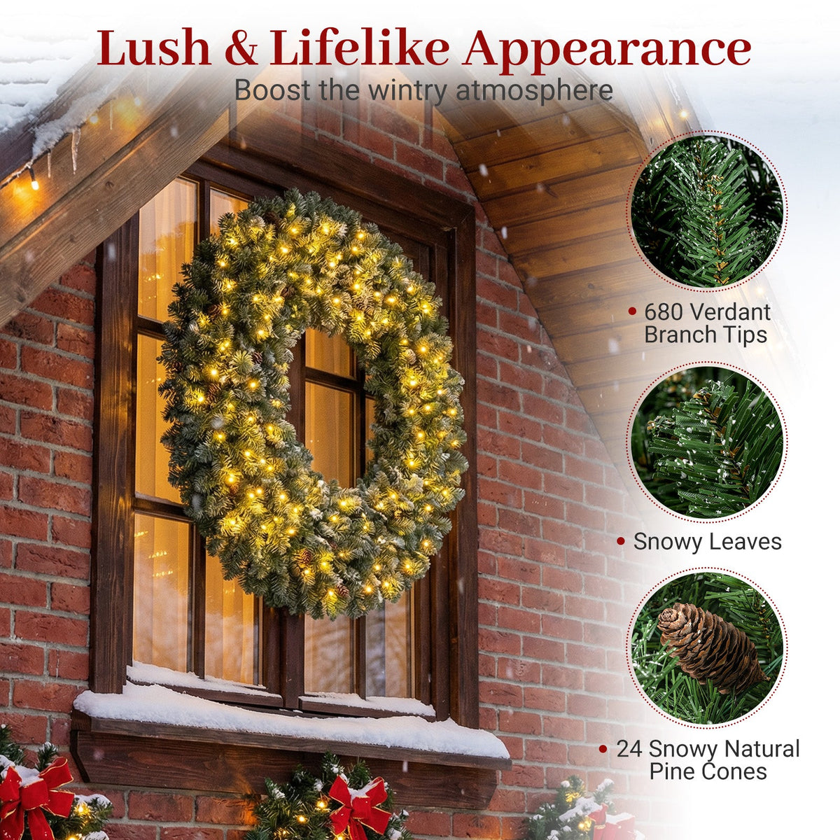 Faux Pre-Lit Christmas Wreath, 60" – 200 Warm White LED Lights