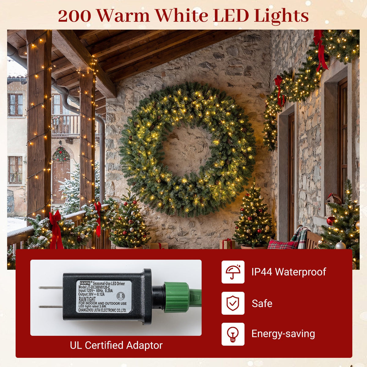 Faux Pre-Lit Christmas Wreath, 60" – 200 Warm White LED Lights