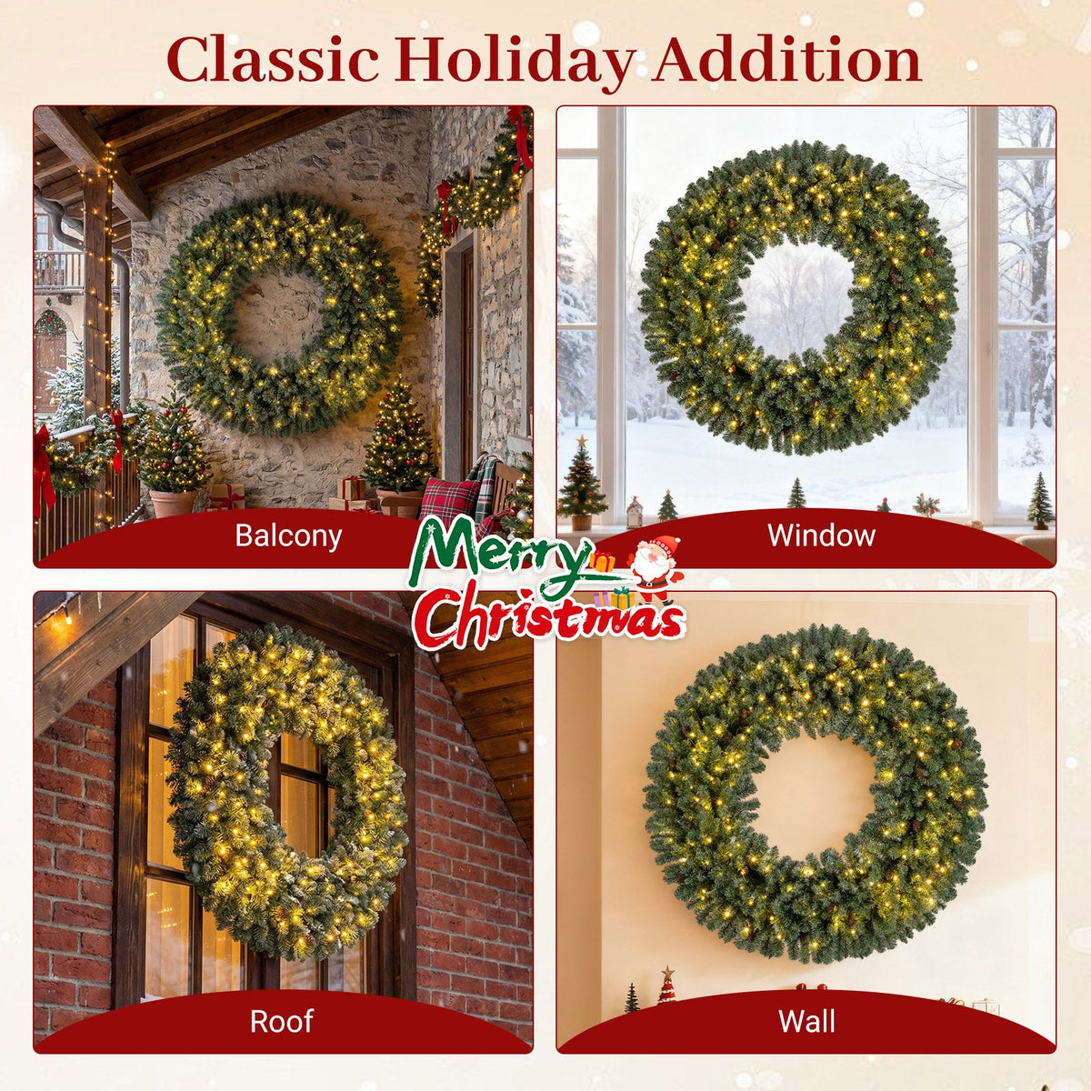 Faux Pre-Lit Christmas Wreath, 60" – 200 Warm White LED Lights
