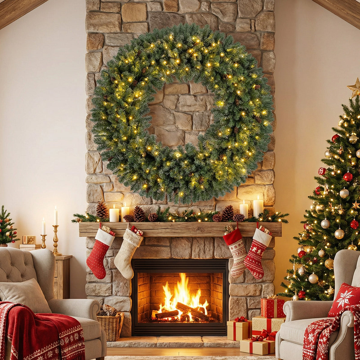 Faux Pre-Lit Christmas Wreath, 60" – 200 Warm White LED Lights