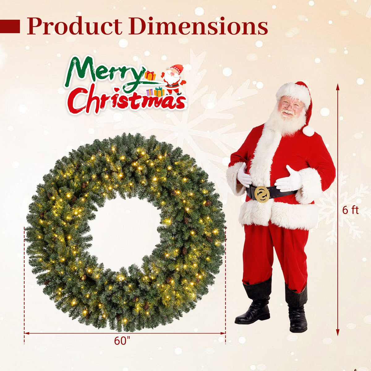 Faux Pre-Lit Christmas Wreath, 60" – 200 Warm White LED Lights