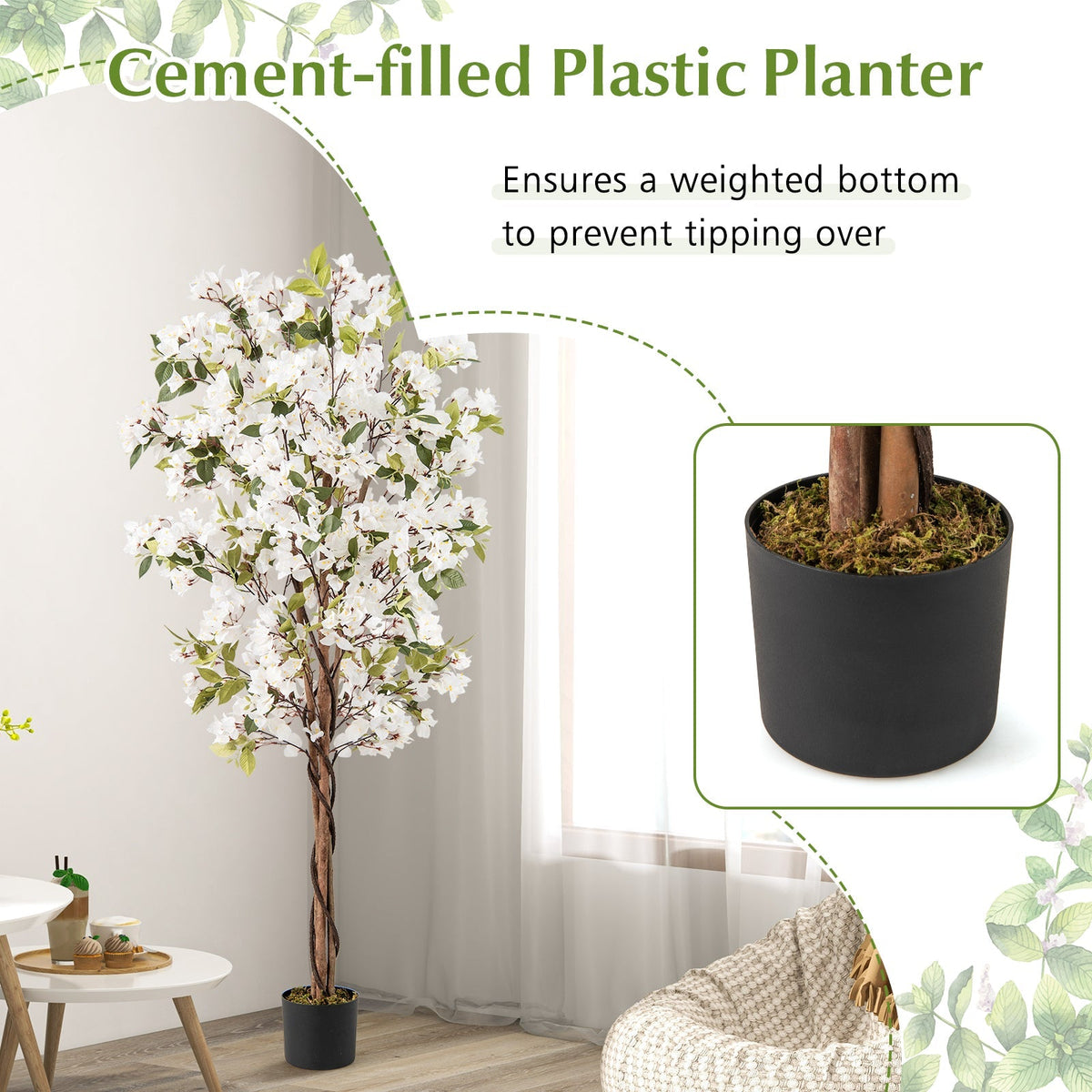 Faux Bougainvillea Tree, 6 FT – White Blooms