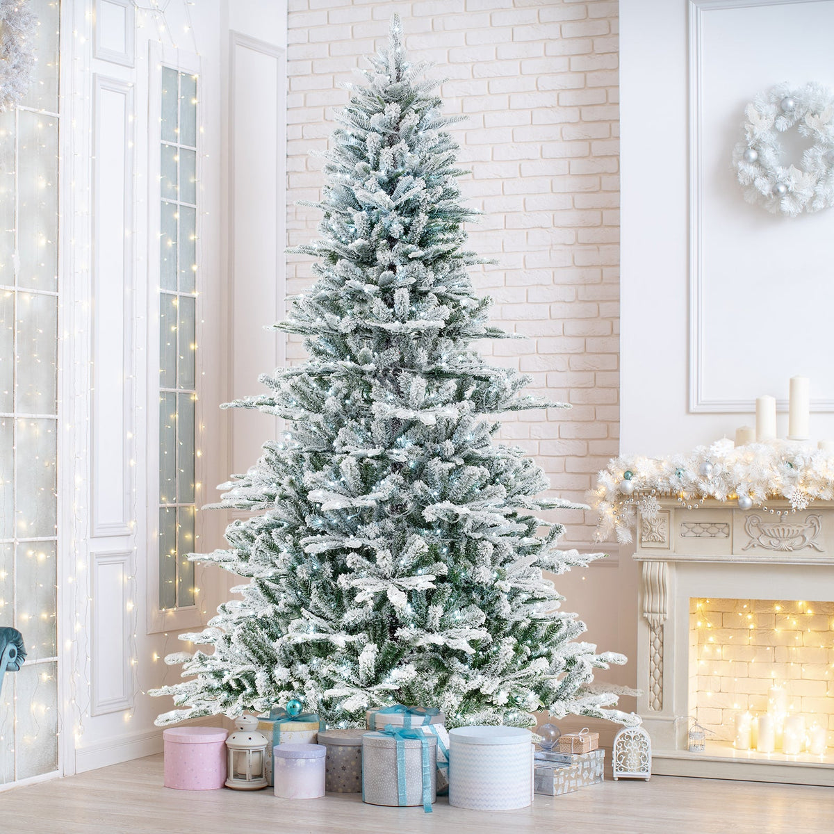 Snow-Flocked Christmas Tree, 8 FT – Cool White LED Lights