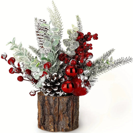 Artificial Mini Christmas Tree Centerpiece with Red Berries, Pine Cones, and Greenery in Faux Tree Stump