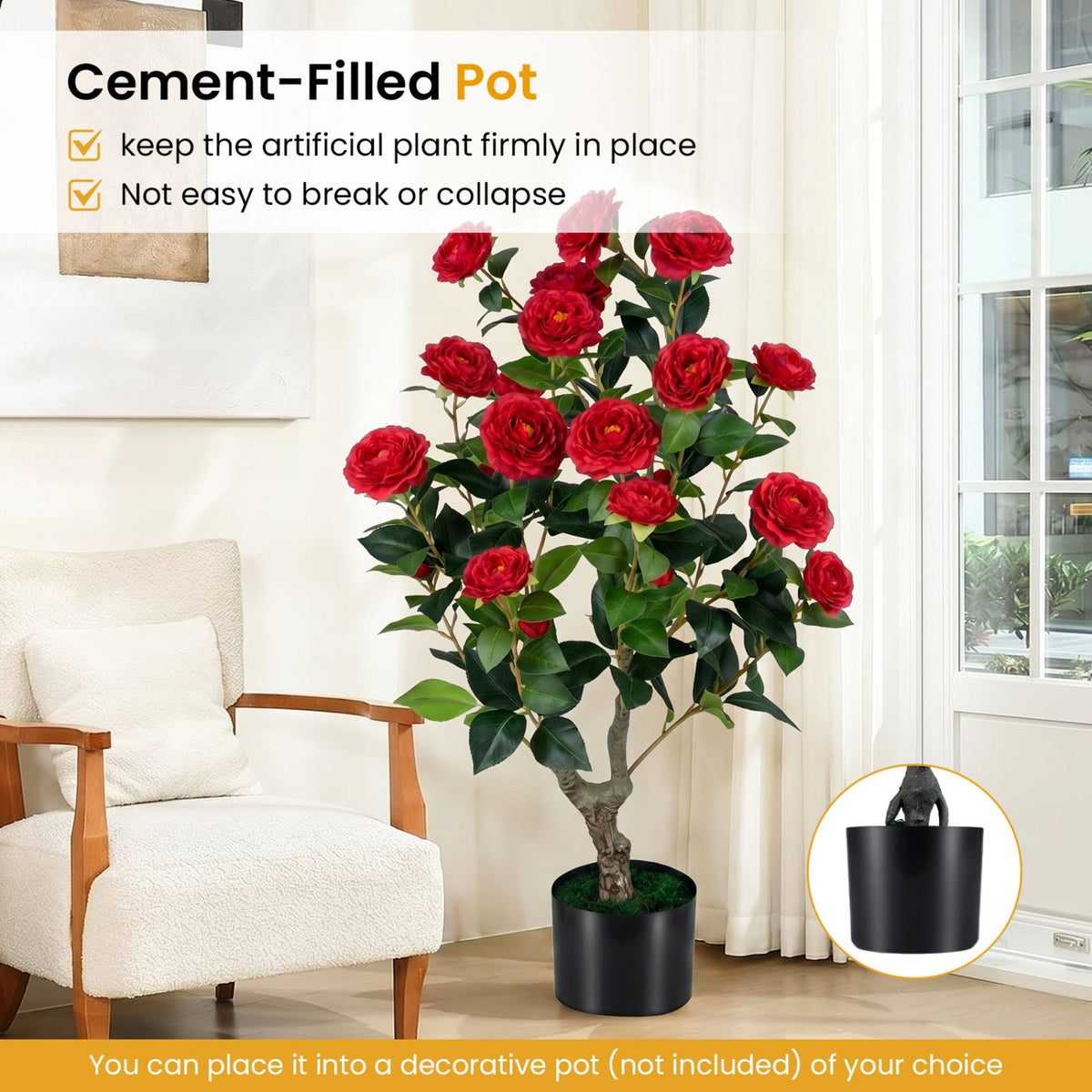 Faux Camellia Tree, 35.5" – Cement Pot