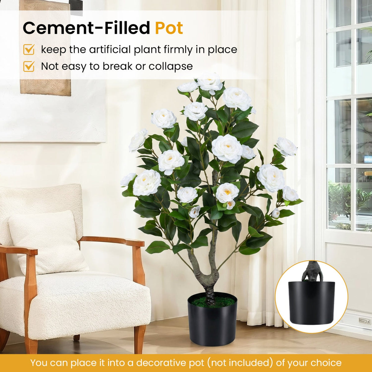Faux Camellia Tree, 35.5" – Cement Pot