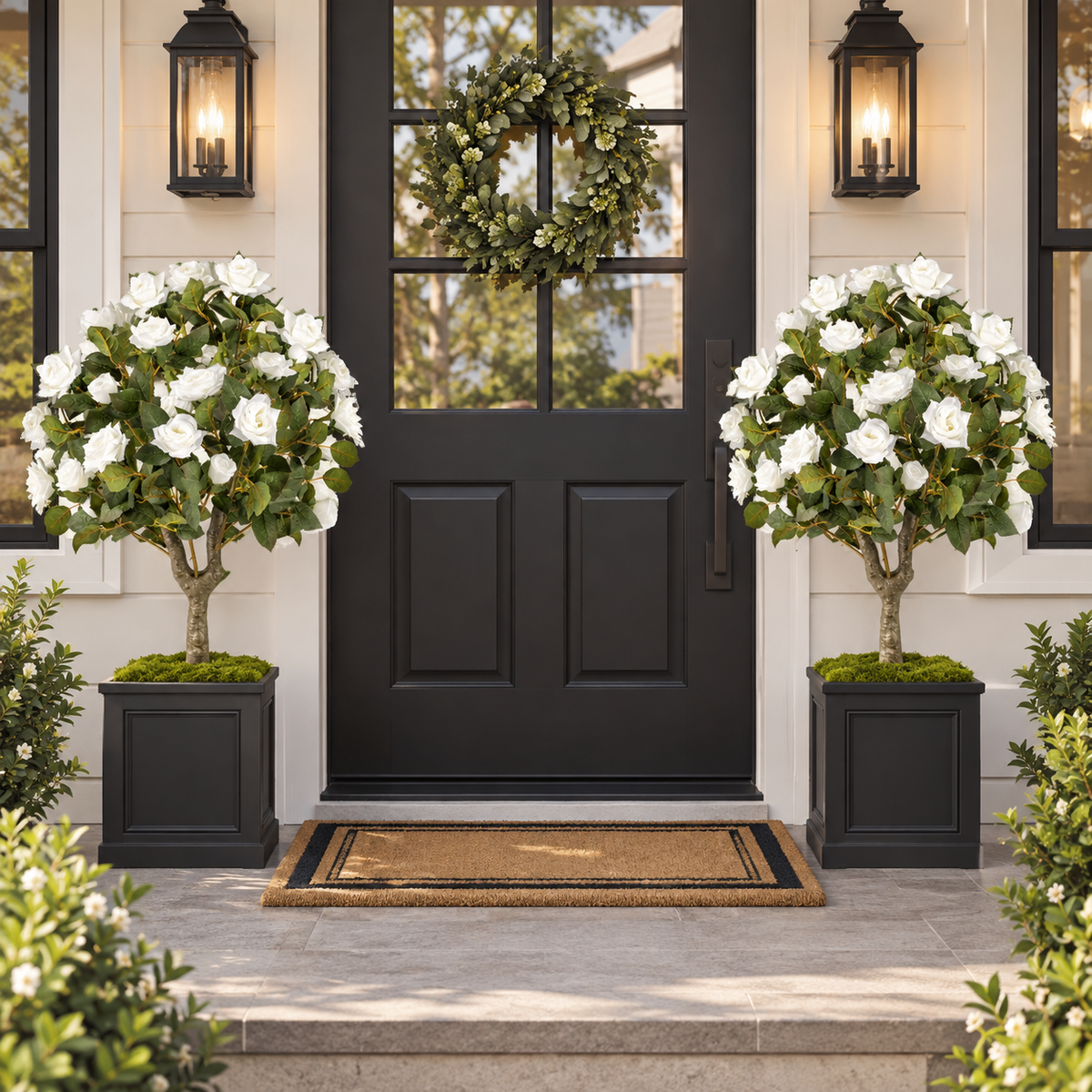 Faux Rose Flower Trees – Set of 2, White Blooms
