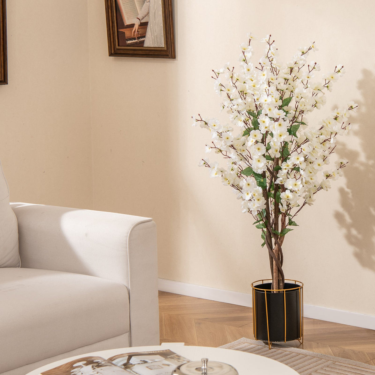 Faux Plum Blossom Plant – Natural Wood
