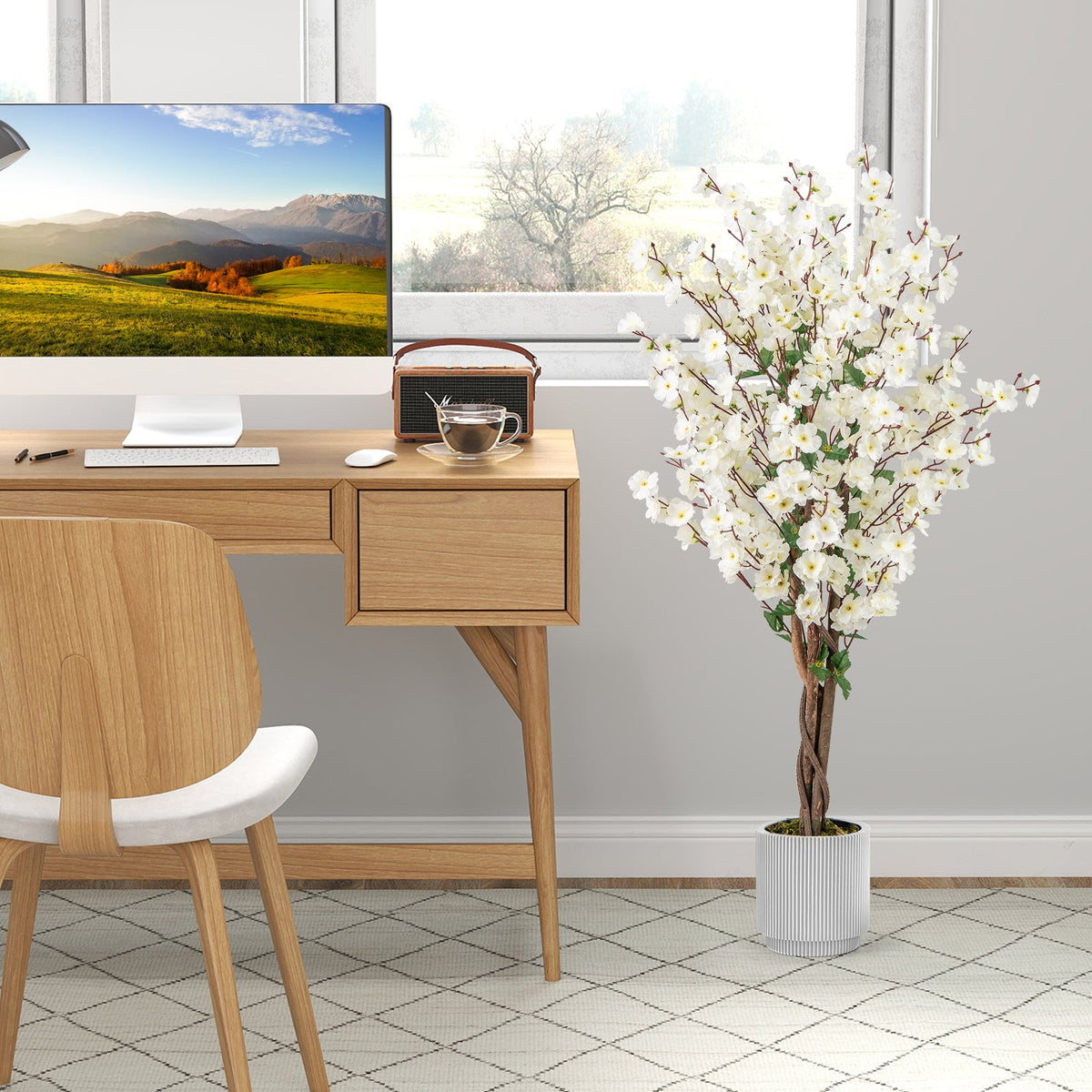 Faux Plum Blossom Plant – Natural Wood