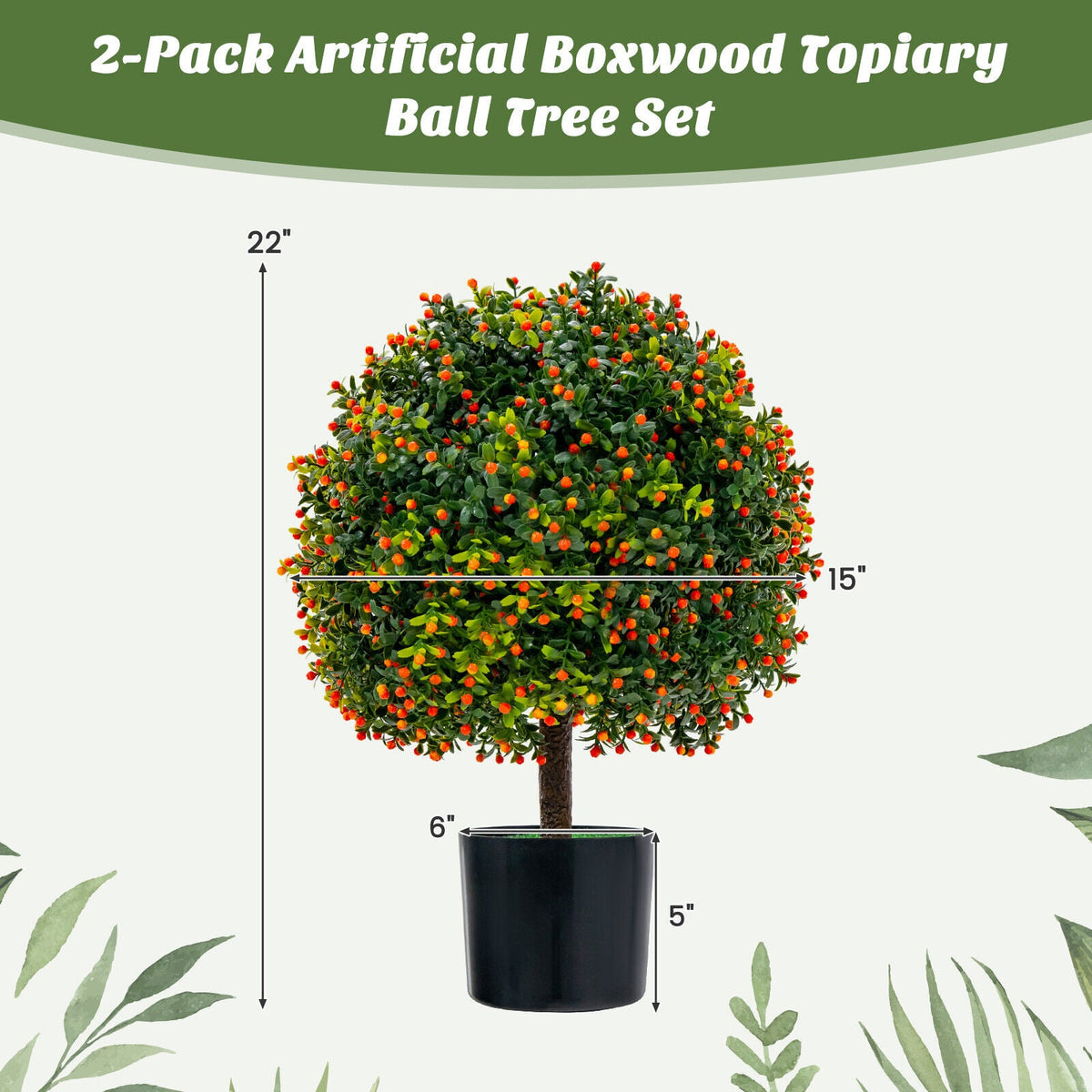 Faux Boxwood Topiary Trees – Set of 2, Orange Fruit