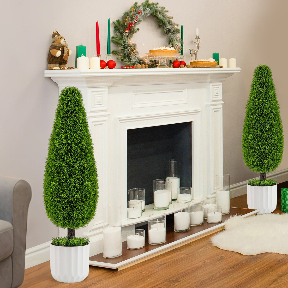 Faux Cedar Teardrop Bushes, 3 FT – Set of 2