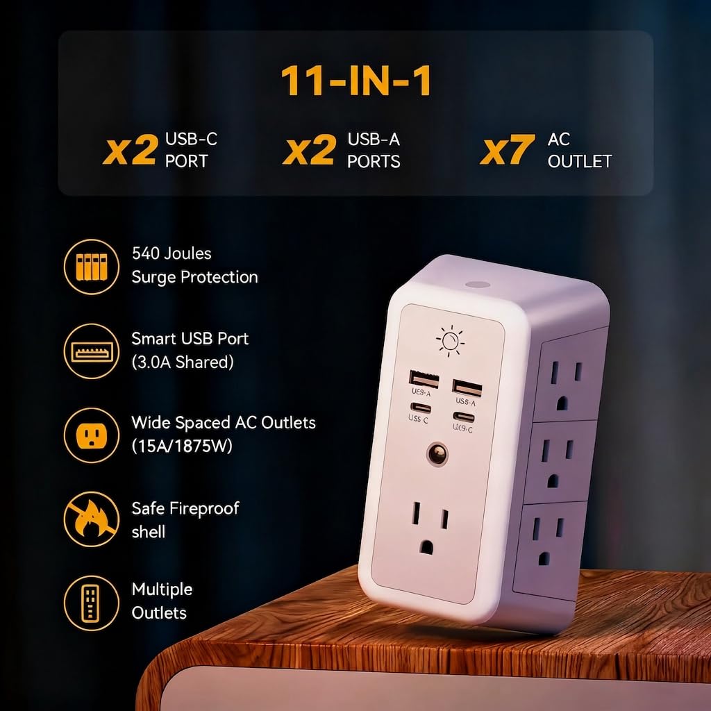 11-in-1 Multi Plug Outlet with 8 Cable Holders